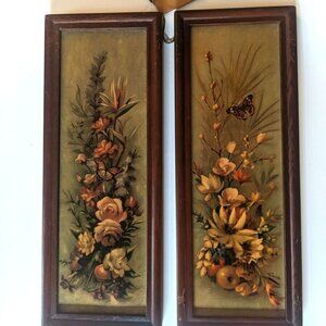 MaLeck Woodcraft Floral Wall Art Set Of 2 Vtg Wood Frames Signed Roberto 13x5